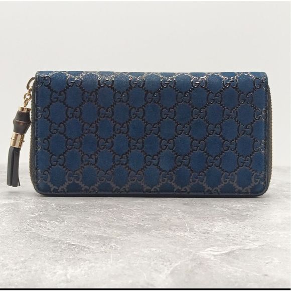 Gucci Vintage Rare Limited Edition Bamboo Blue Suede Leather Continental Large Z - Picture 4 of 13